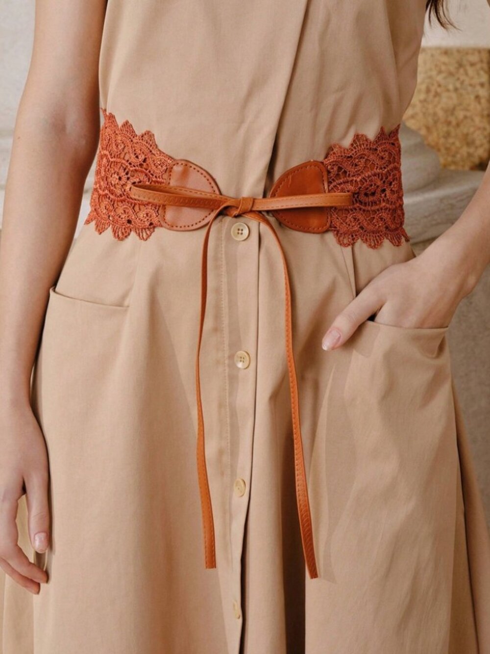 Rust Brown Crochet Lace Waist Belt with Tie Straps